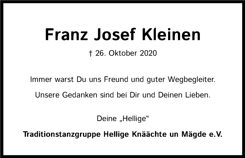  Traueranzeige für Franz Josef Kleinen vom 31.10.2020 aus Kölner Stadt-Anzeiger / Kölnische Rundschau / Express