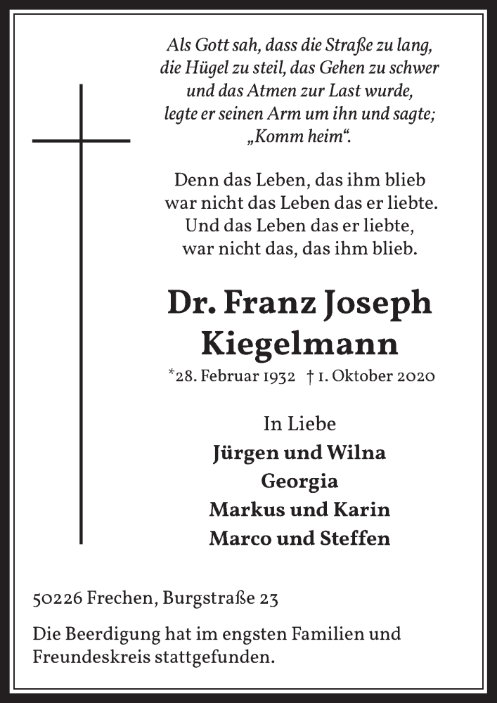  Traueranzeige für Franz Joseph Kiegelmann vom 09.10.2020 aus  Wochenende 