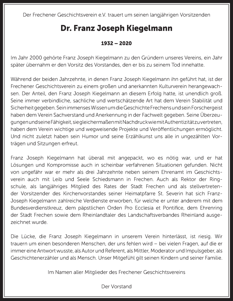  Traueranzeige für Franz Joseph Kiegelmann vom 09.10.2020 aus  Wochenende 
