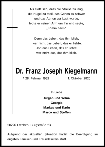 Anzeige von Franz Joseph Kiegelmann von Kölner Stadt-Anzeiger / Kölnische Rundschau / Express