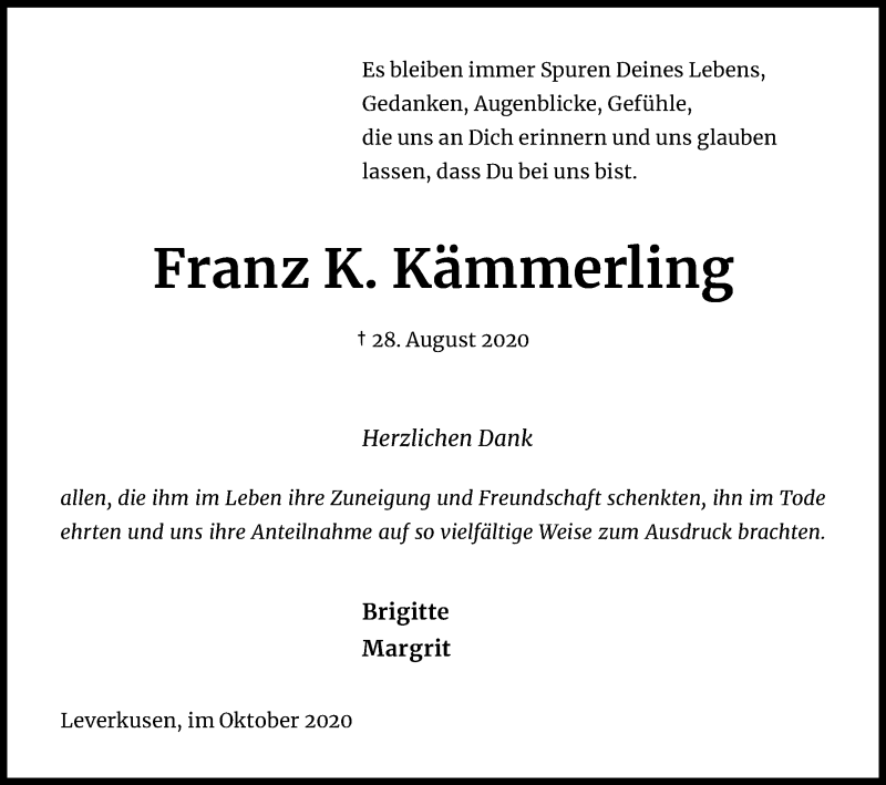  Traueranzeige für Franz K. Kämmerling vom 17.10.2020 aus Kölner Stadt-Anzeiger / Kölnische Rundschau / Express