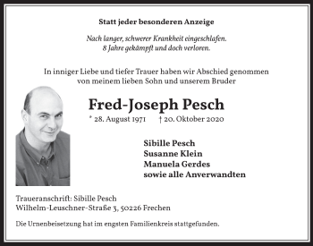 Anzeige von Fred-Joseph Pesch von  Wochenende 