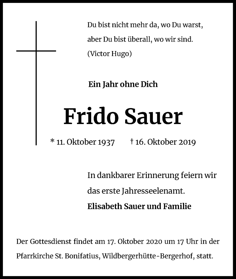  Traueranzeige für Frido Sauer vom 16.10.2020 aus Kölner Stadt-Anzeiger / Kölnische Rundschau / Express