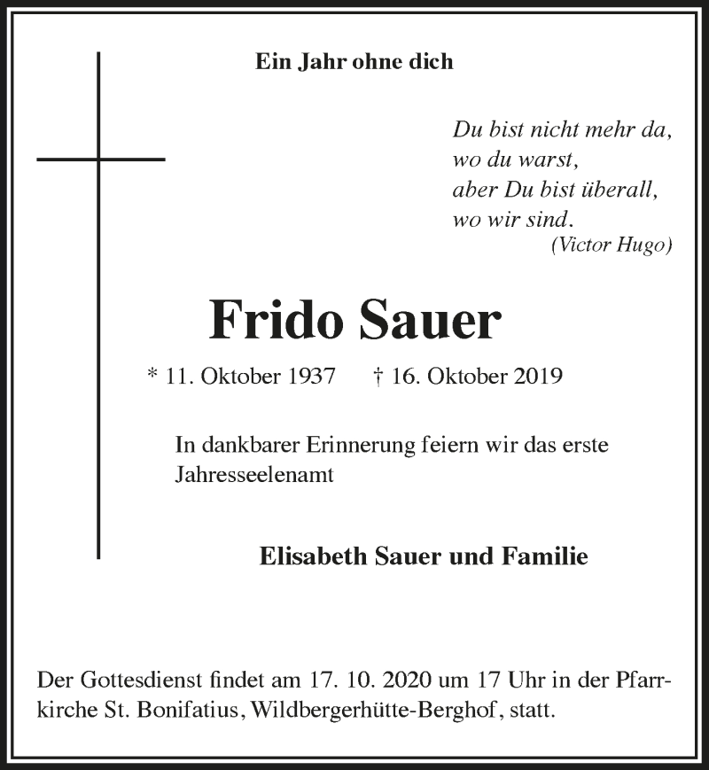  Traueranzeige für Frido Sauer vom 16.10.2020 aus  Anzeigen Echo 
