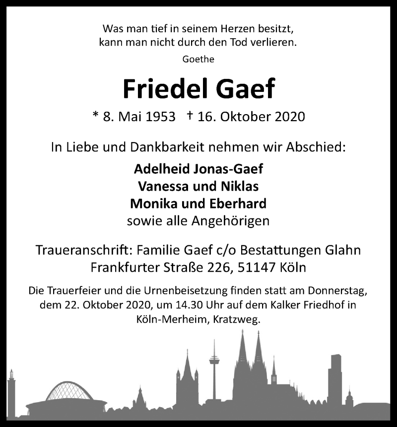  Traueranzeige für Friedel Gaef vom 20.10.2020 aus Kölner Stadt-Anzeiger / Kölnische Rundschau / Express