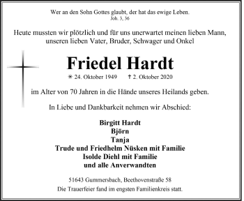 Anzeige von Friedel Hardt von  Anzeigen Echo 