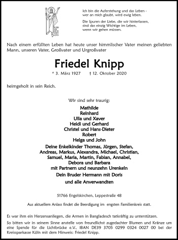 Anzeige von Friedel Knipp von Kölner Stadt-Anzeiger / Kölnische Rundschau / Express