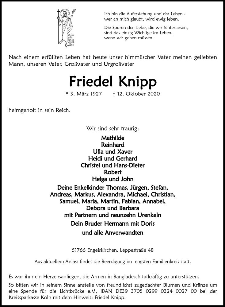  Traueranzeige für Friedel Knipp vom 16.10.2020 aus  Anzeigen Echo 