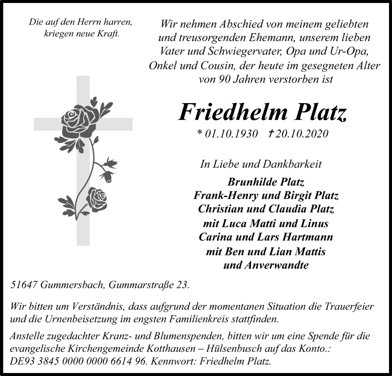  Traueranzeige für Friedhelm Platz vom 28.10.2020 aus Kölner Stadt-Anzeiger / Kölnische Rundschau / Express