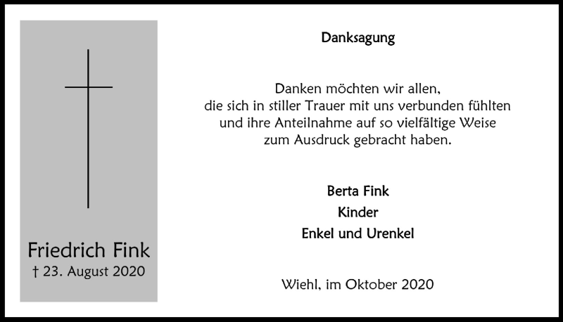  Traueranzeige für Friedrich Fink vom 30.10.2020 aus  Anzeigen Echo 