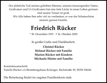 Anzeige von Friedrich Rücker von Kölner Stadt-Anzeiger / Kölnische Rundschau / Express
