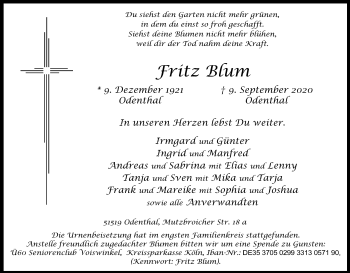 Anzeige von Fritz Blum von Kölner Stadt-Anzeiger / Kölnische Rundschau / Express