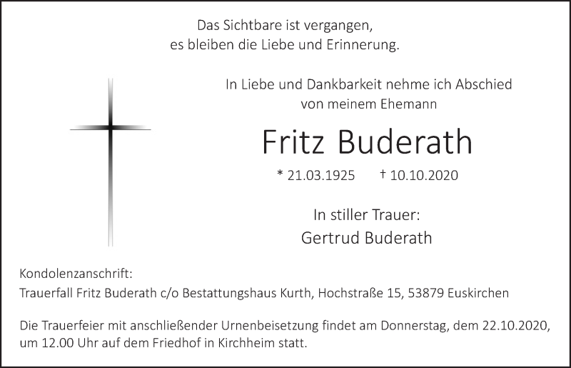  Traueranzeige für Fritz Buderath vom 17.10.2020 aus  Blickpunkt Euskirchen 