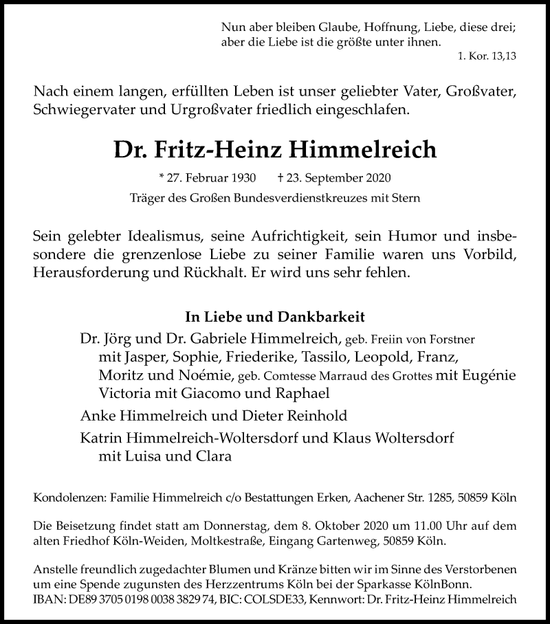  Traueranzeige für Fritz-Heinz Himmelreich vom 03.10.2020 aus Kölner Stadt-Anzeiger / Kölnische Rundschau / Express