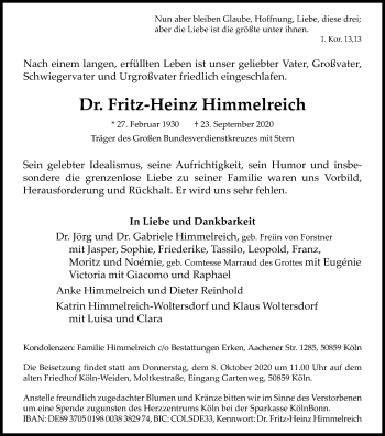 Anzeige von Fritz-Heinz Himmelreich von Kölner Stadt-Anzeiger / Kölnische Rundschau / Express