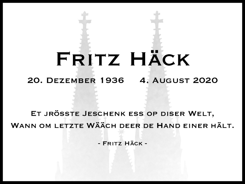  Traueranzeige für Fritz Häck vom 10.10.2020 aus Kölner Stadt-Anzeiger / Kölnische Rundschau / Express