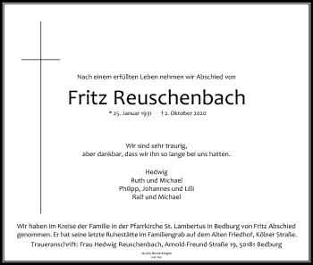Anzeige von Fritz Reuschenbach von Kölner Stadt-Anzeiger / Kölnische Rundschau / Express