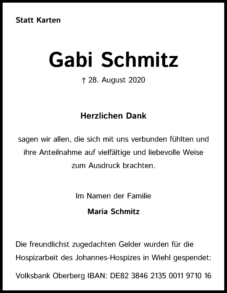  Traueranzeige für Gabi Schmitz vom 10.10.2020 aus Kölner Stadt-Anzeiger / Kölnische Rundschau / Express