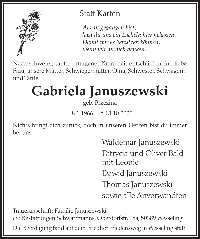  Traueranzeige für Gabriela Januszewski vom 23.10.2020 aus  Schlossbote/Werbekurier 