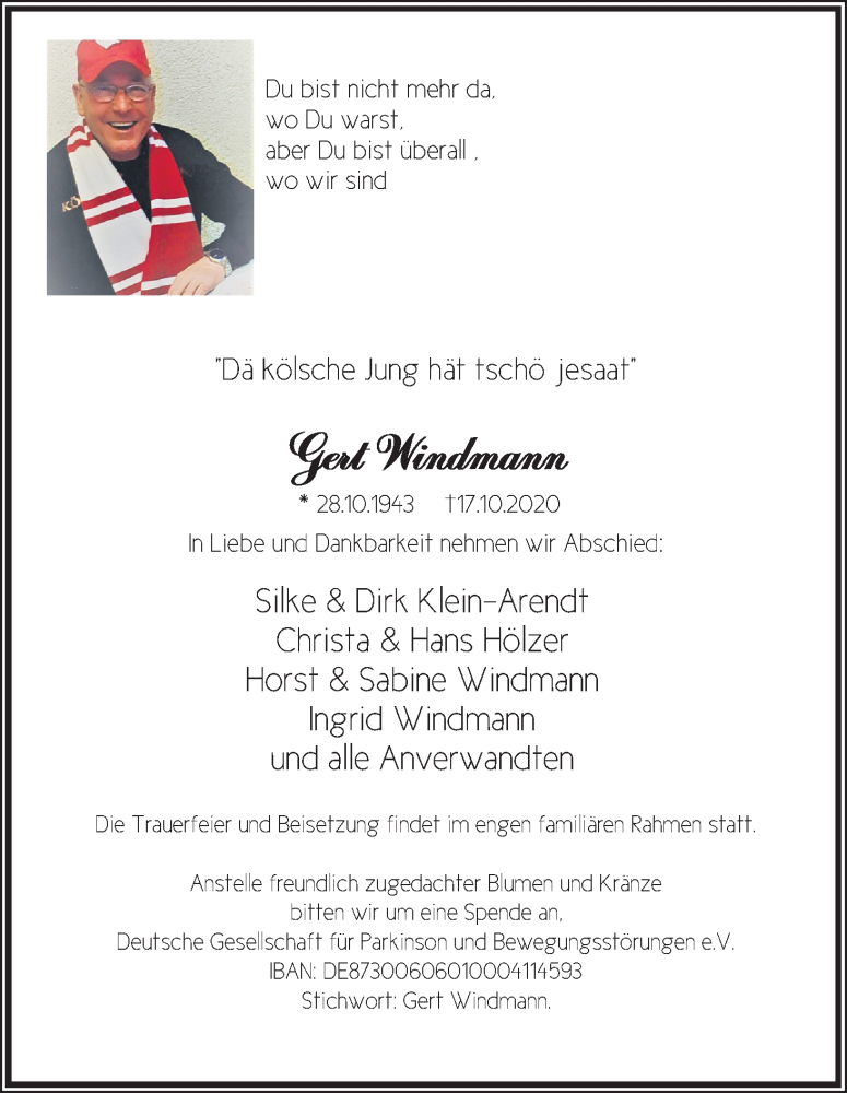  Traueranzeige für Genrt Windmann vom 24.10.2020 aus Kölner Stadt-Anzeiger / Kölnische Rundschau / Express