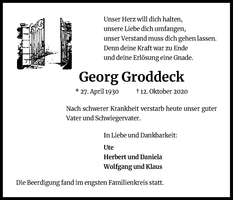  Traueranzeige für Georg Groddeck vom 24.10.2020 aus Kölner Stadt-Anzeiger / Kölnische Rundschau / Express