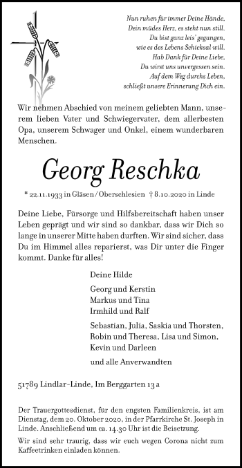 Anzeige von Georg Reschka von Kölner Stadt-Anzeiger / Kölnische Rundschau / Express
