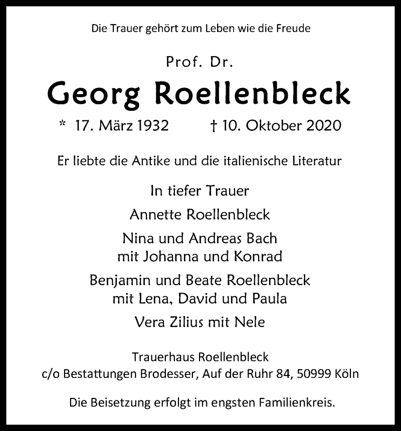  Traueranzeige für Georg Roellenbleck vom 17.10.2020 aus Kölner Stadt-Anzeiger / Kölnische Rundschau / Express