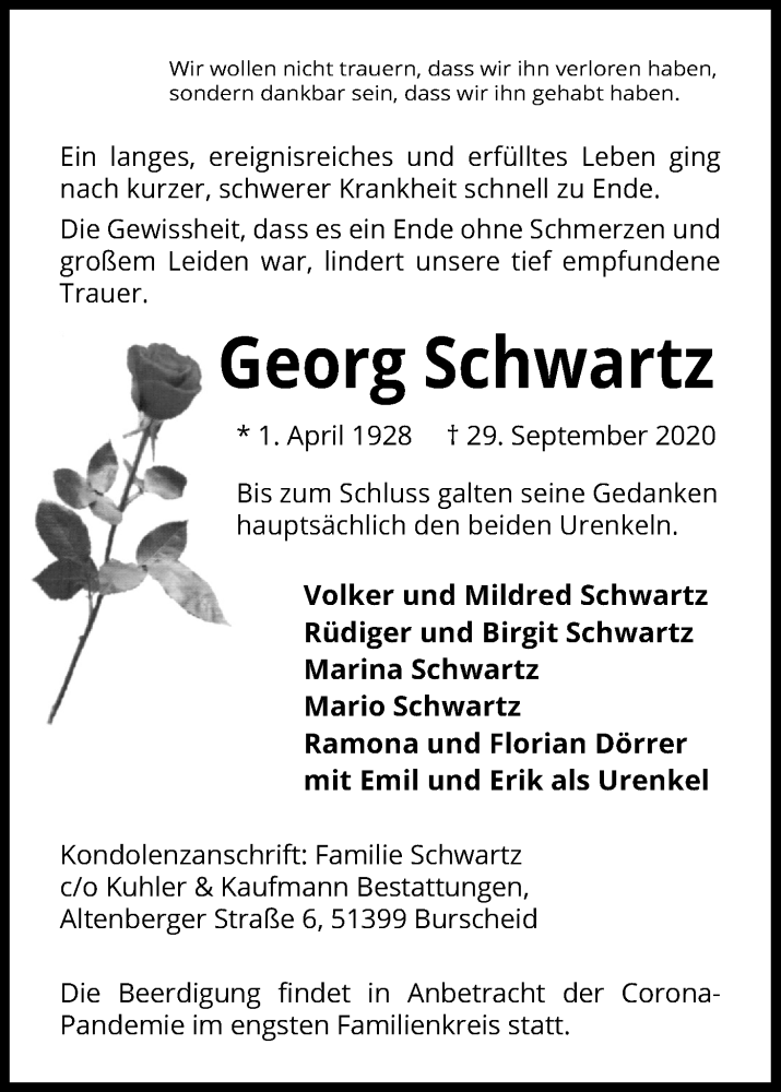  Traueranzeige für Georg Schwartz vom 10.10.2020 aus Kölner Stadt-Anzeiger / Kölnische Rundschau / Express