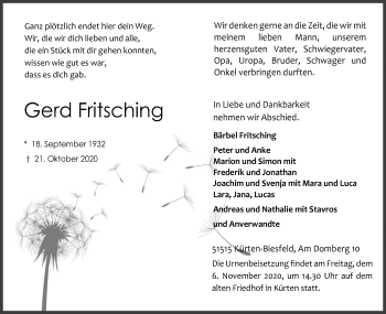Anzeige von Gerd Fritsching von Kölner Stadt-Anzeiger / Kölnische Rundschau / Express