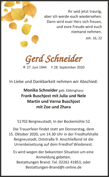 Anzeige von Gerd Schneider von  Anzeigen Echo 
