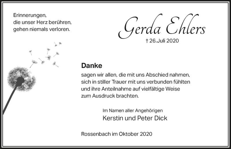  Traueranzeige für Gerda Ehlers vom 23.10.2020 aus  Lokalanzeiger 