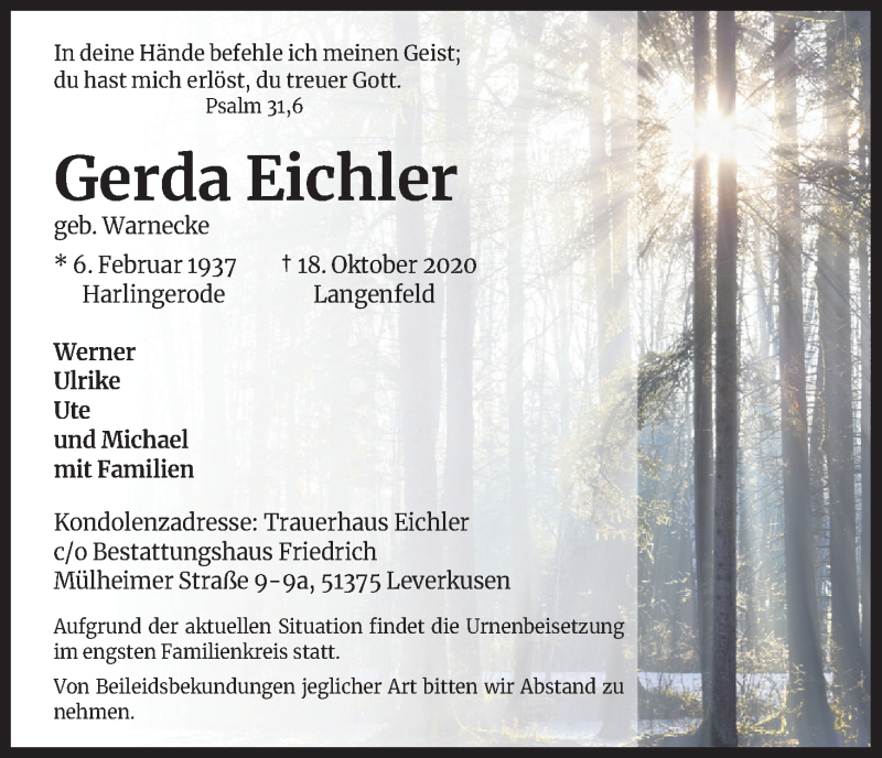  Traueranzeige für Gerda Eichler vom 24.10.2020 aus Kölner Stadt-Anzeiger / Kölnische Rundschau / Express
