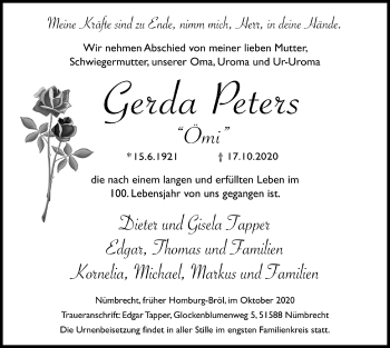 Anzeige von Gerda Peters von  Lokalanzeiger 