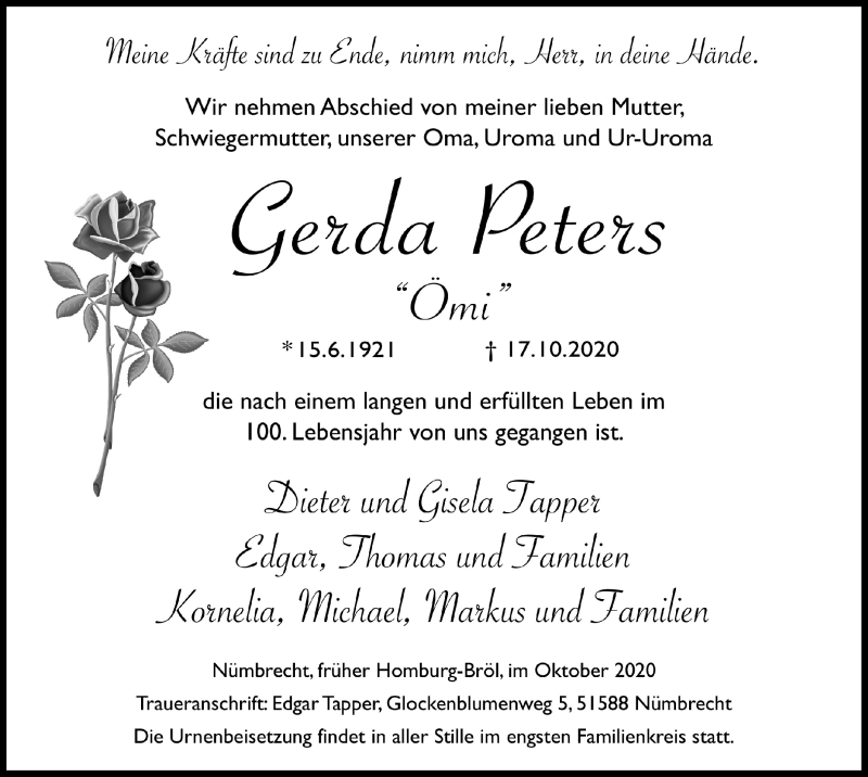  Traueranzeige für Gerda Peters vom 23.10.2020 aus  Lokalanzeiger 