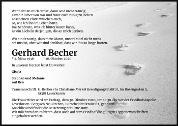 Anzeige von Gerhard Becher von Kölner Stadt-Anzeiger / Kölnische Rundschau / Express