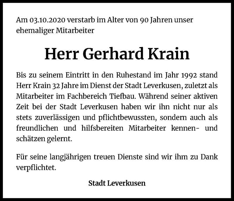  Traueranzeige für Gerhard Krain vom 22.10.2020 aus Kölner Stadt-Anzeiger / Kölnische Rundschau / Express
