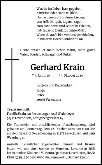 Anzeige von Gerhard Krain von Kölner Stadt-Anzeiger / Kölnische Rundschau / Express
