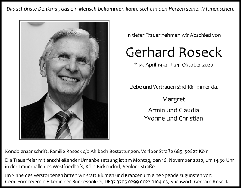  Traueranzeige für Gerhard Roseck vom 31.10.2020 aus Kölner Stadt-Anzeiger / Kölnische Rundschau / Express
