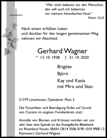 Anzeige von Gerhard Wagner von Kölner Stadt-Anzeiger / Kölnische Rundschau / Express