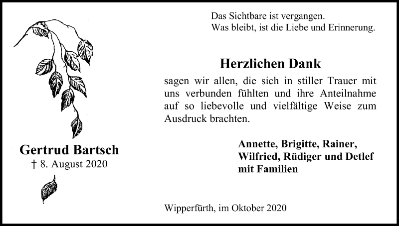  Traueranzeige für Gertrud Bartsch vom 31.10.2020 aus Kölner Stadt-Anzeiger / Kölnische Rundschau / Express