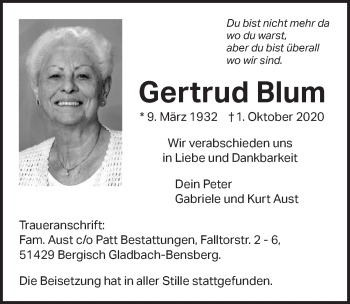 Anzeige von Gertrud Blum von  Bergisches Handelsblatt 