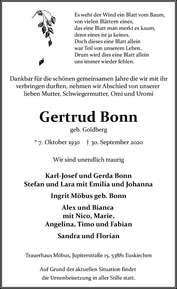  Traueranzeige für Gertrud Bonn vom 10.10.2020 aus  Blickpunkt Euskirchen 
