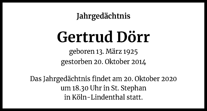  Traueranzeige für Gertrud Dörr vom 17.10.2020 aus Kölner Stadt-Anzeiger / Kölnische Rundschau / Express