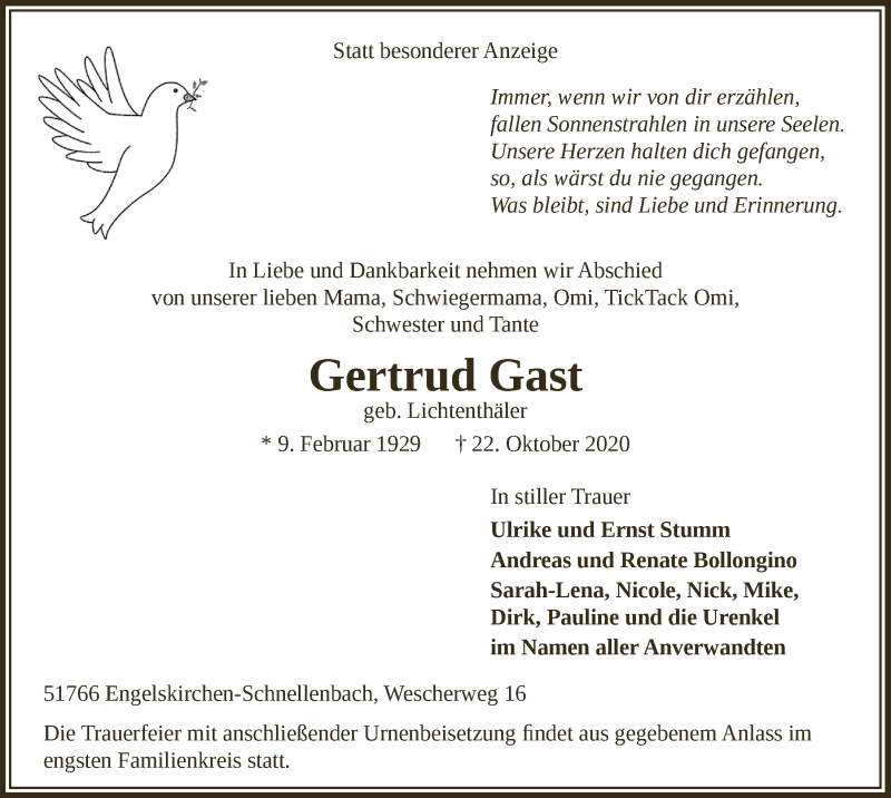  Traueranzeige für Gertrud Gast vom 30.10.2020 aus  Anzeigen Echo 