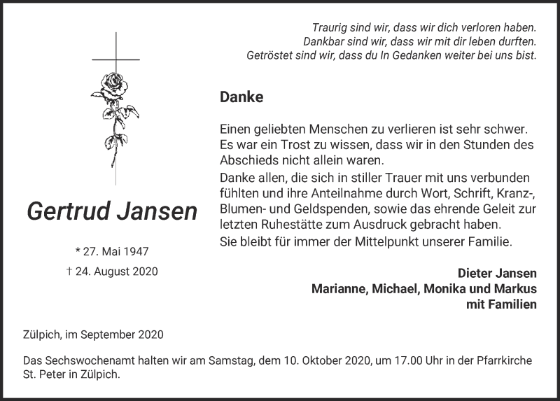  Traueranzeige für Gertrud Jansen vom 02.10.2020 aus  Blickpunkt Euskirchen 