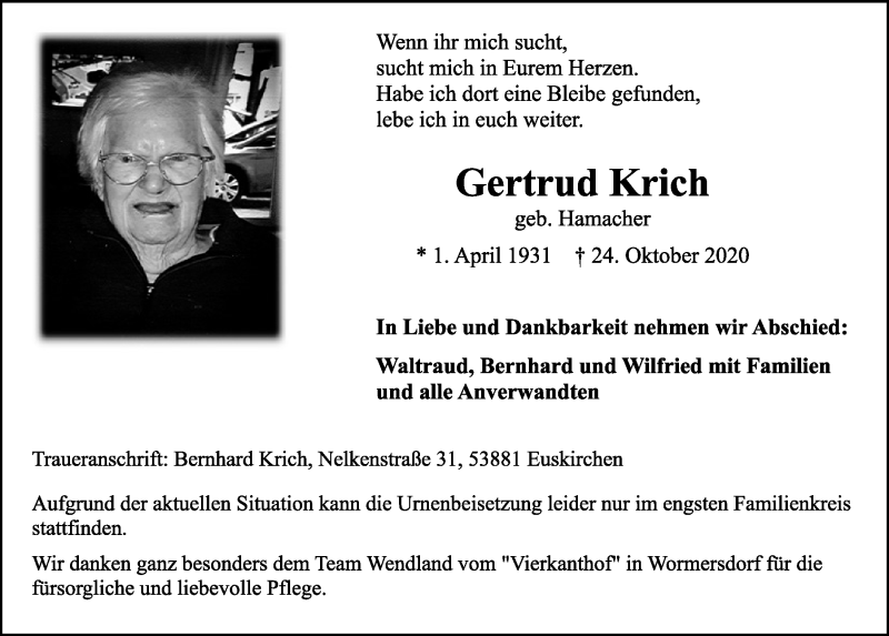  Traueranzeige für Gertrud Krich vom 31.10.2020 aus  Blickpunkt Euskirchen 