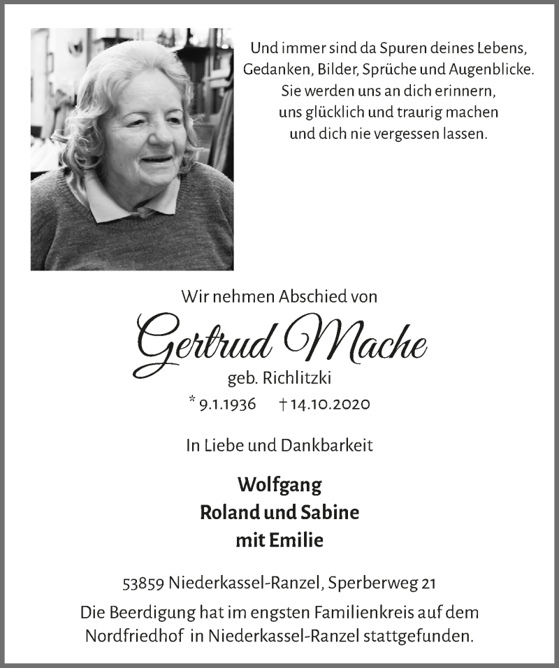  Traueranzeige für Gertrud Mache vom 23.10.2020 aus  Kölner Wochenspiegel 