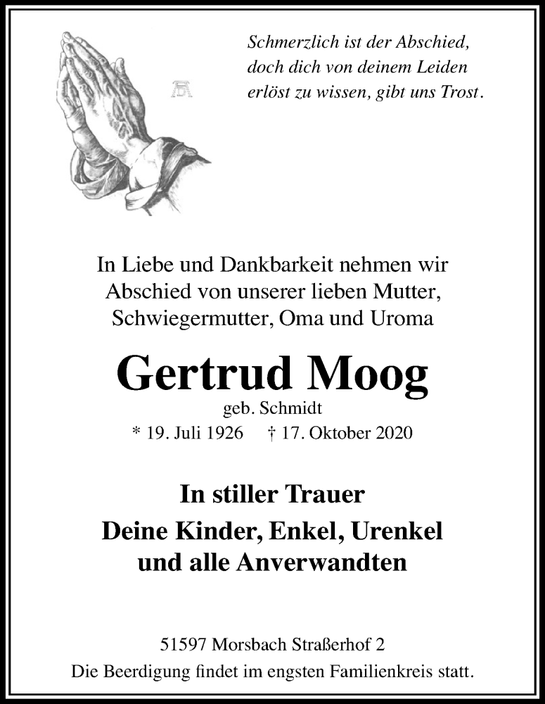  Traueranzeige für Gertrud Moog vom 24.10.2020 aus Kölner Stadt-Anzeiger / Kölnische Rundschau / Express