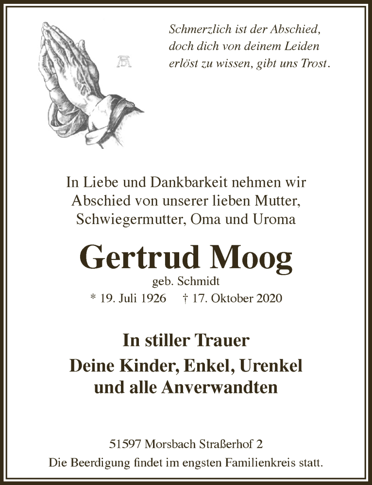  Traueranzeige für Gertrud Moog vom 23.10.2020 aus  Lokalanzeiger 