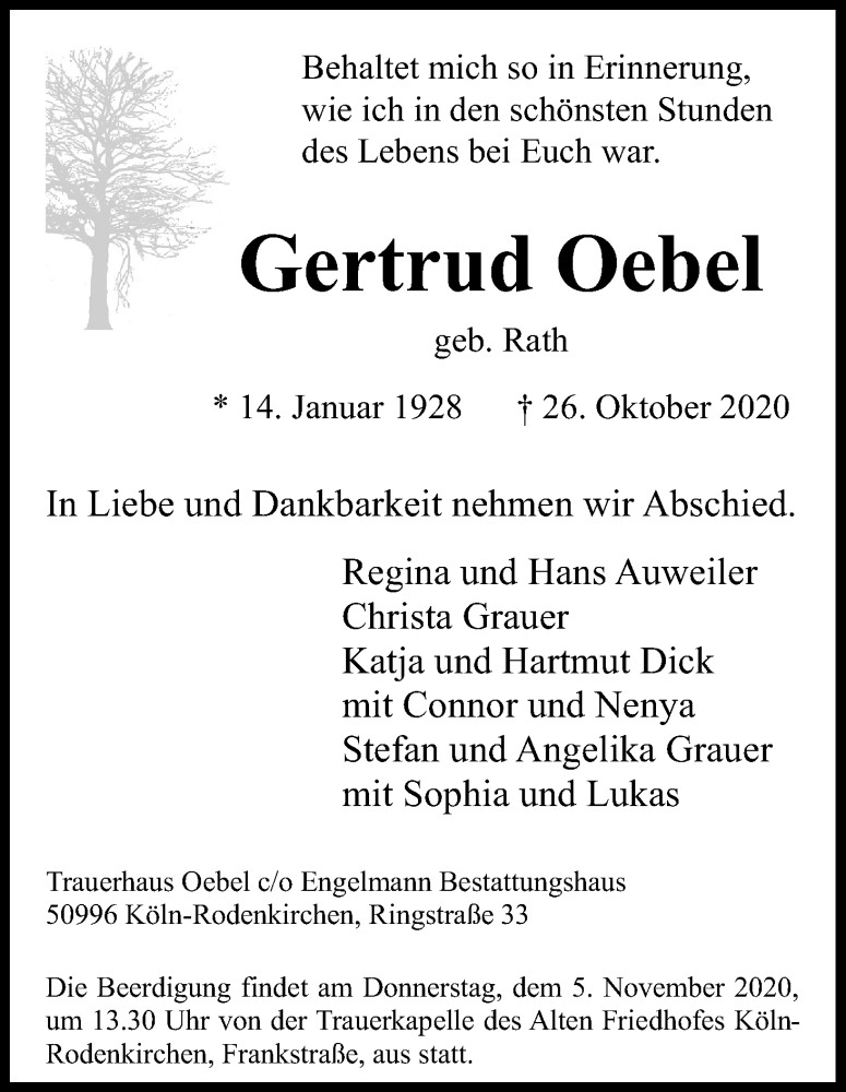  Traueranzeige für Gertrud Oebel vom 31.10.2020 aus Kölner Stadt-Anzeiger / Kölnische Rundschau / Express
